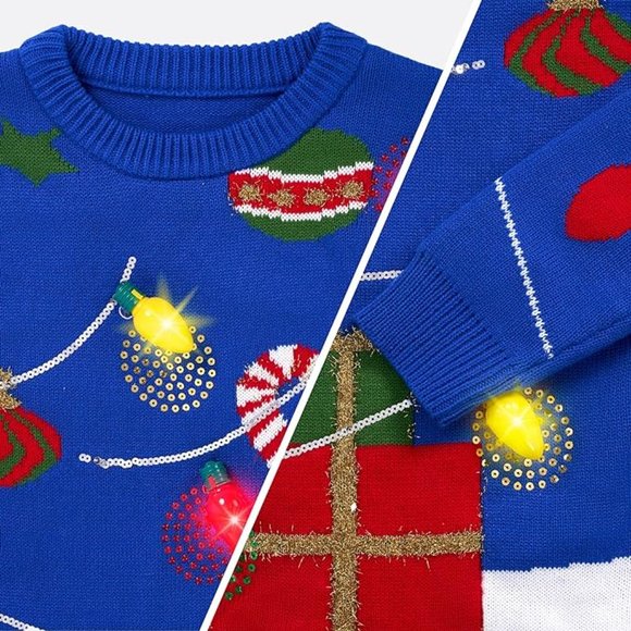 NWT UGLY Christmas Sweater BLUE LED Ornaments Lights Up - Picture 3 of 6